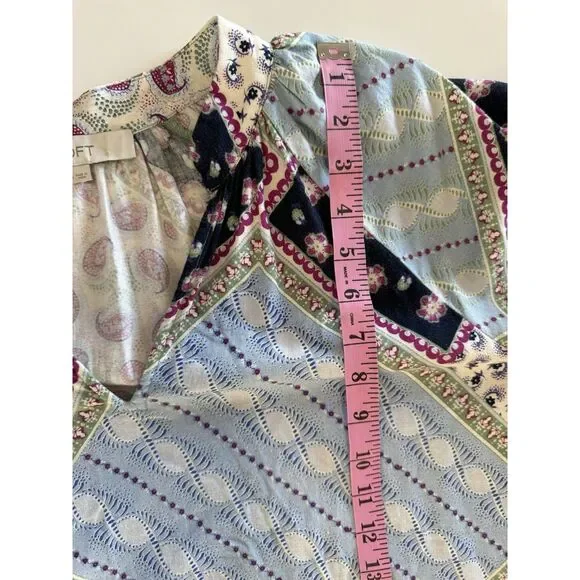 Loft Linen Blend Patchwork Blouse Top Balloon Sleeve Peasant Floral Paisley Med - Picture 15 of 16